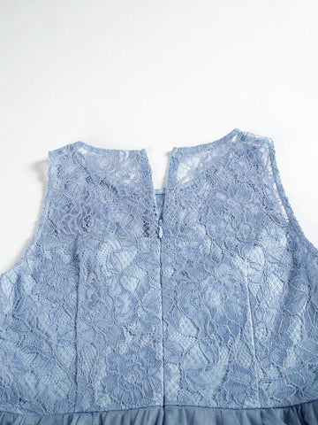 Sleeveless Lace Panel Sheer Mesh Elegant Bridesmaid Maxi Dress