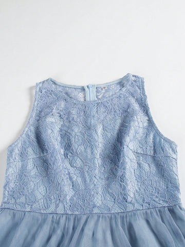 Sleeveless Lace Panel Sheer Mesh Elegant Bridesmaid Maxi Dress