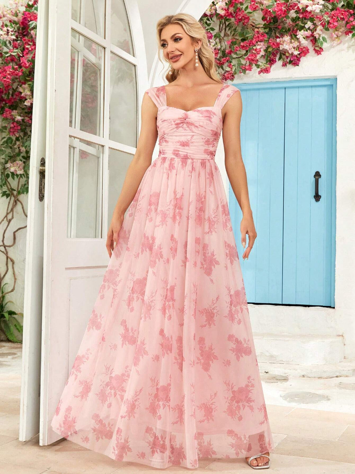 Sleeveless Mesh Floral Print Bridesmaid Dress
