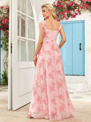 Sleeveless Mesh Floral Print Bridesmaid Dress