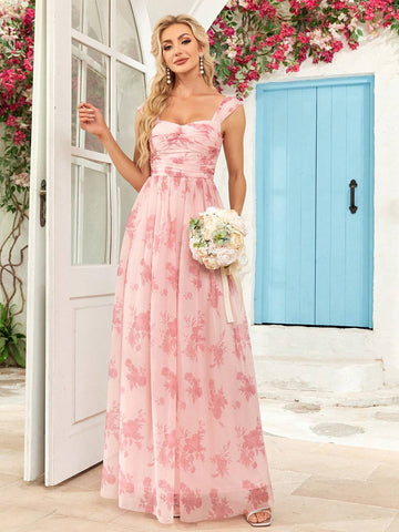 Sleeveless Mesh Floral Print Bridesmaid Dress