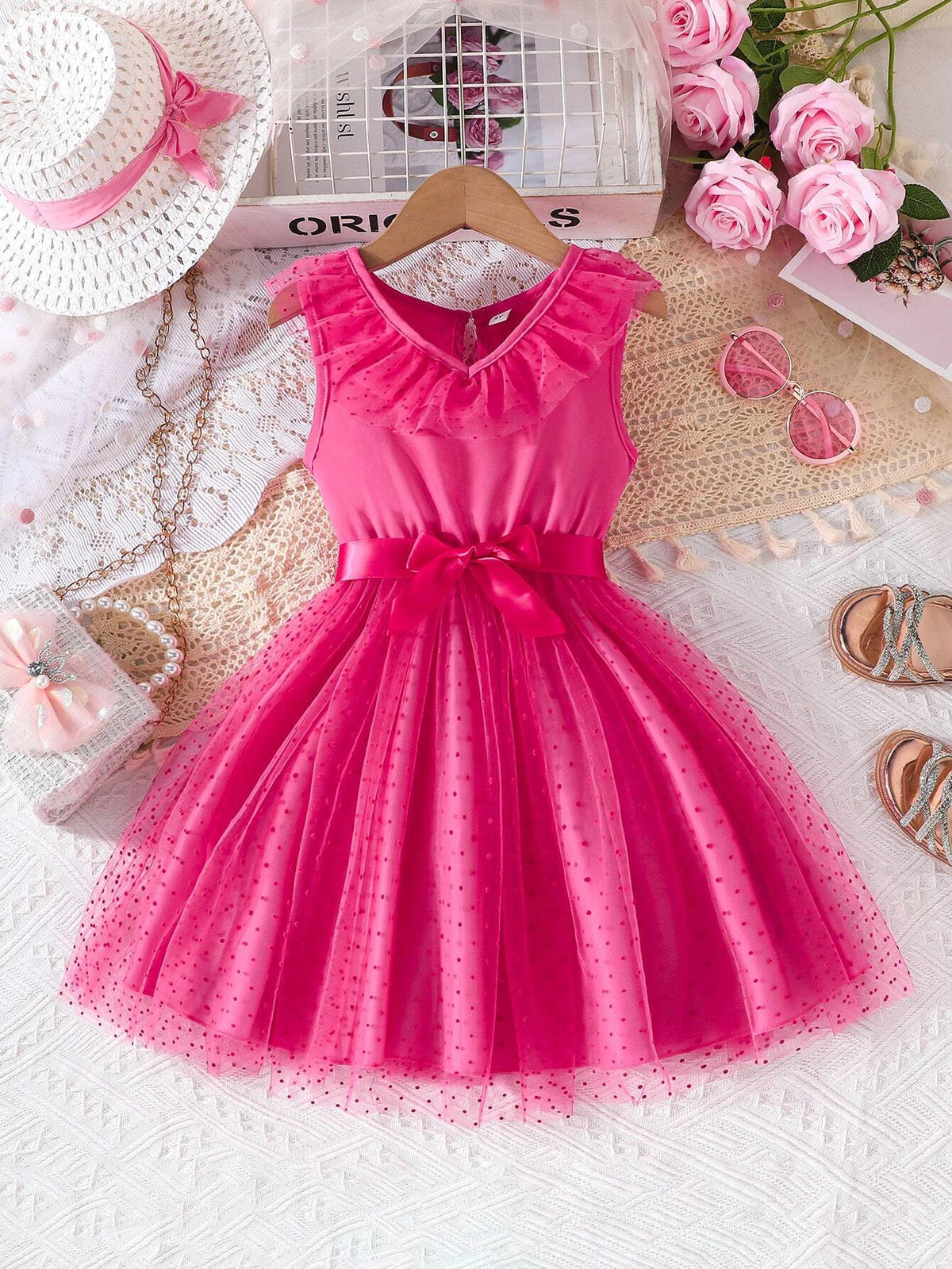 Sleeveless Mesh Lace Round Neck Mesh Dress For Girls, Summer
