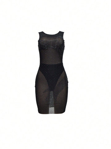 Sleeveless Patchwork Rhinestone Embellished Dress