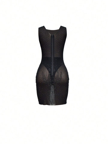 Sleeveless Patchwork Rhinestone Embellished Dress