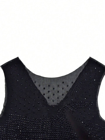 Sleeveless Patchwork Rhinestone Embellished Dress