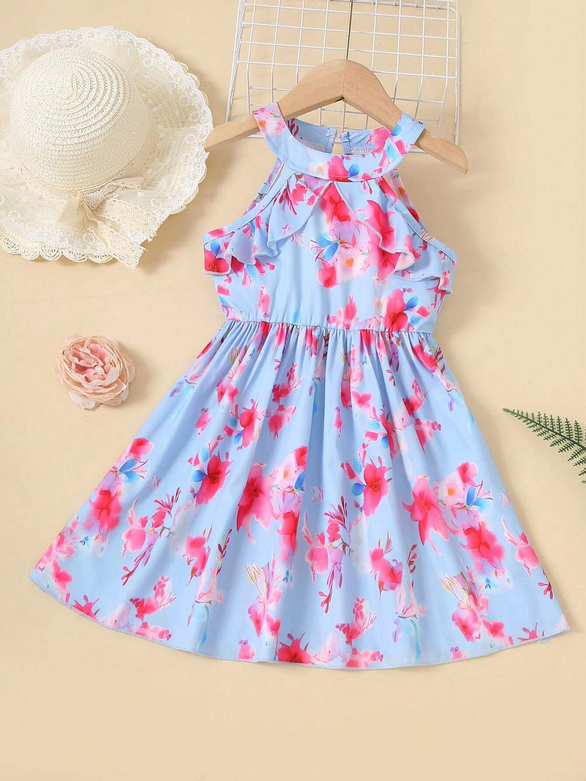 Sleeveless Princess Dress With Floral Print, Suitable For Beach Parties And Little Girls' Summer Vacation