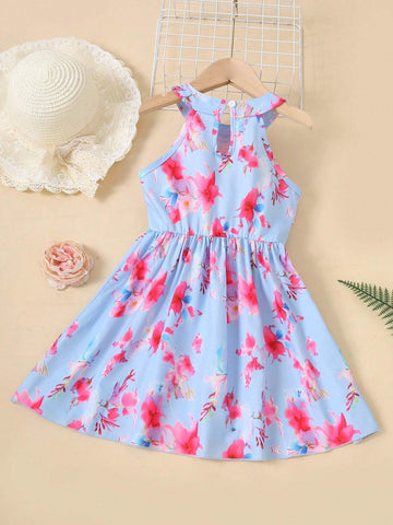 Sleeveless Princess Dress With Floral Print, Suitable For Beach Parties And Little Girls' Summer Vacation