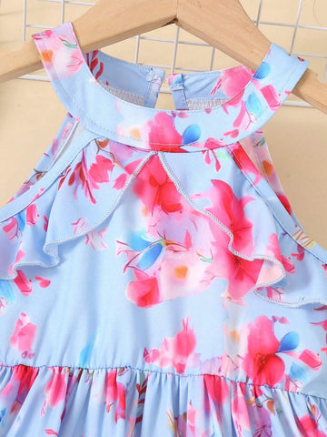 Sleeveless Princess Dress With Floral Print, Suitable For Beach Parties And Little Girls' Summer Vacation