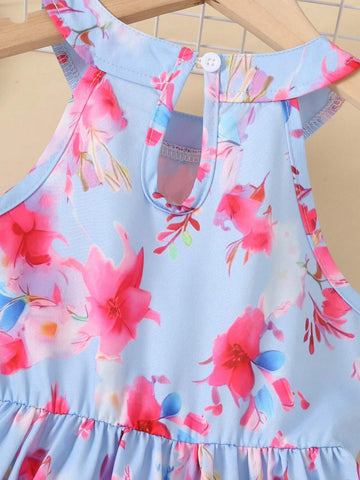 Sleeveless Princess Dress With Floral Print, Suitable For Beach Parties And Little Girls' Summer Vacation