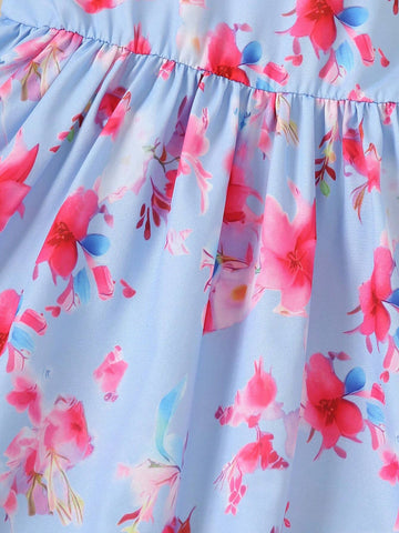 Sleeveless Princess Dress With Floral Print, Suitable For Beach Parties And Little Girls' Summer Vacation