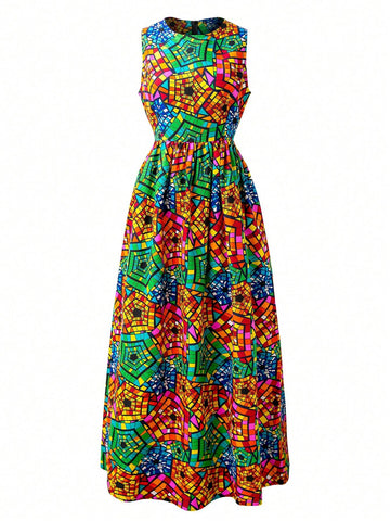 Sleeveless Round Neck Ankara Print Dress For Women