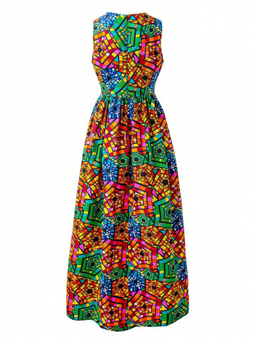 Sleeveless Round Neck Ankara Print Dress For Women