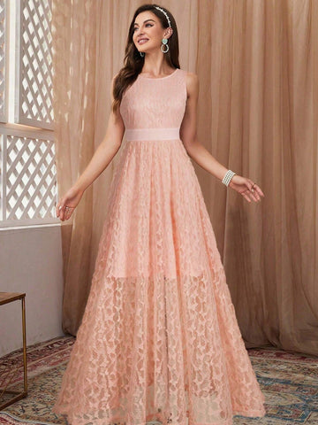 Sleeveless Round Neck Solid Color Lace Empire Waist Long Elegant Bridesmaid Dress For Cocktail Party