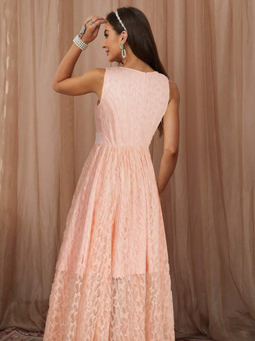 Sleeveless Round Neck Solid Color Lace Empire Waist Long Elegant Bridesmaid Dress For Cocktail Party