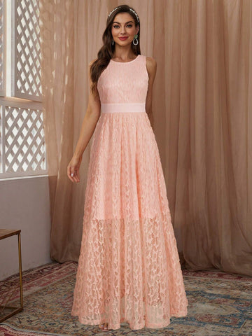 Sleeveless Round Neck Solid Color Lace Empire Waist Long Elegant Bridesmaid Dress For Cocktail Party
