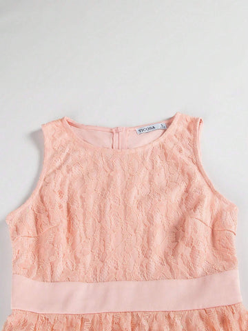 Sleeveless Round Neck Solid Color Lace Empire Waist Long Elegant Bridesmaid Dress For Cocktail Party