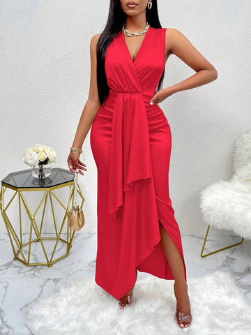 Sleeveless Ruched Draped Front Asymmetrical Hem Satin Dress