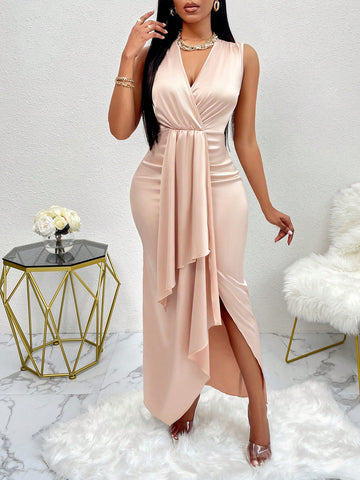 Sleeveless Ruched Draped Front Asymmetrical Hem Satin Dress