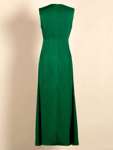 Sleeveless Satin Floor-Length Dress With Belted Waist And Flowing Ribbon