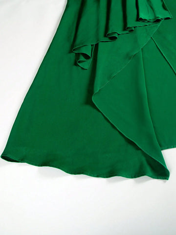 Sleeveless Satin Floor-Length Dress With Belted Waist And Flowing Ribbon