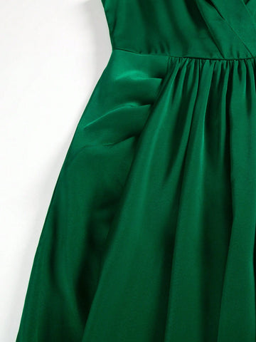 Sleeveless Satin Floor-Length Dress With Belted Waist And Flowing Ribbon