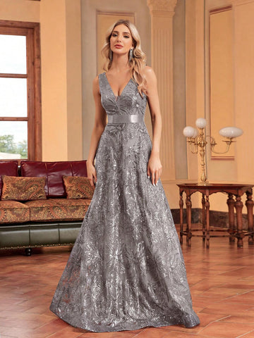 Sleeveless Sequin Embroidery Waist Cinched Evening Party Dress