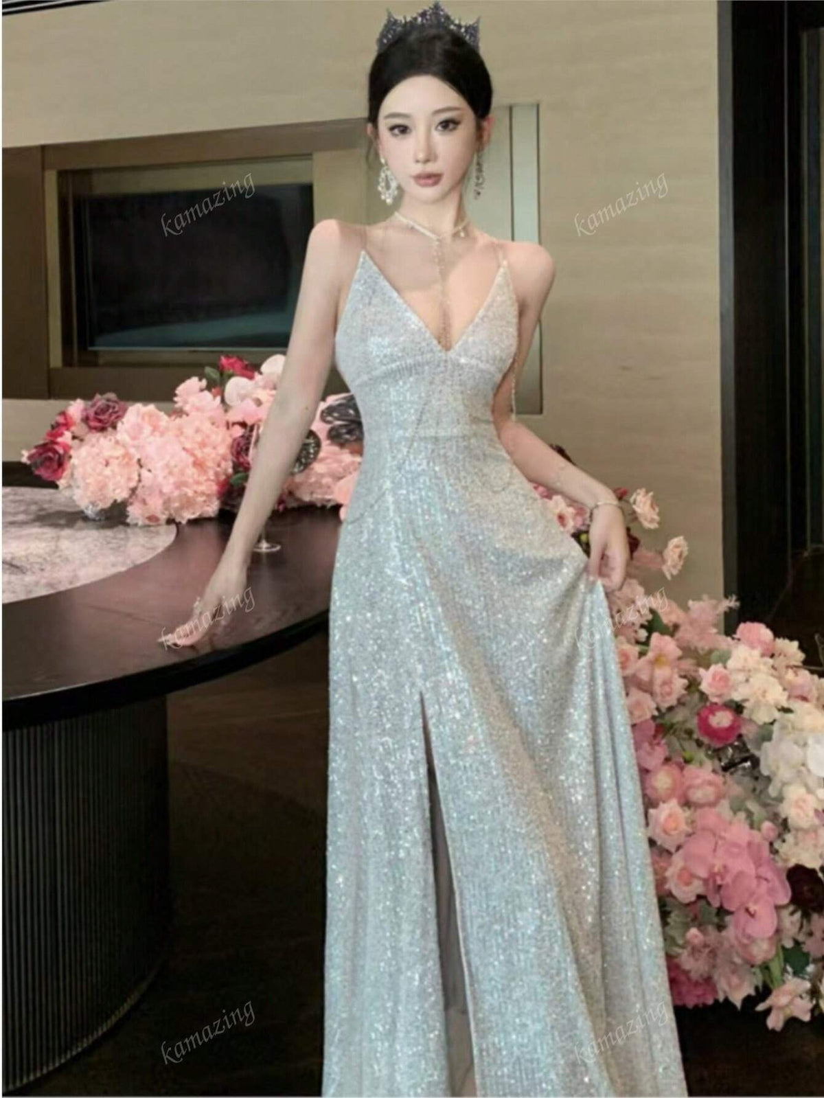 Sleeveless Sequins Criss-Cross Back Fitted Formal Dress, Women Gown For Wedding Party