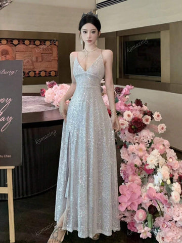 Sleeveless Sequins Criss-Cross Back Fitted Formal Dress, Women Gown For Wedding Party