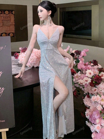 Sleeveless Sequins Criss-Cross Back Fitted Formal Dress, Women Gown For Wedding Party