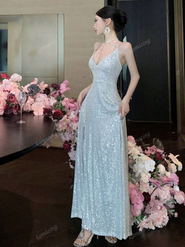 Sleeveless Sequins Criss-Cross Back Fitted Formal Dress, Women Gown For Wedding Party