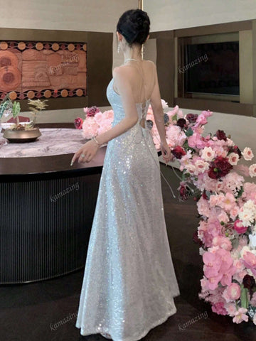 Sleeveless Sequins Criss-Cross Back Fitted Formal Dress, Women Gown For Wedding Party