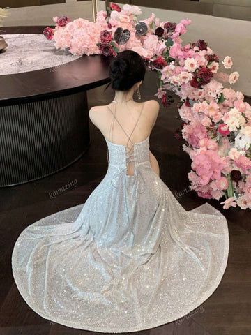 Sleeveless Sequins Criss-Cross Back Fitted Formal Dress, Women Gown For Wedding Party
