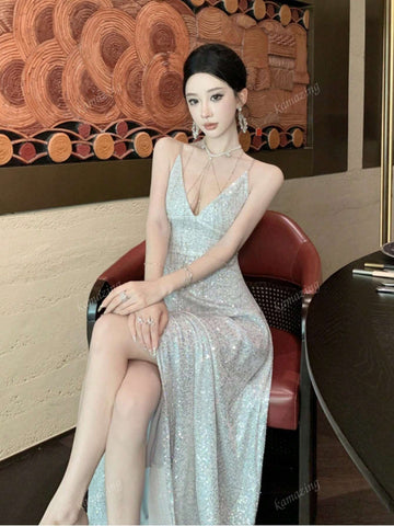 Sleeveless Sequins Criss-Cross Back Fitted Formal Dress, Women Gown For Wedding Party