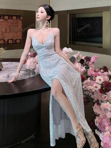 Sleeveless Sequins Criss-Cross Back Fitted Formal Dress, Women Gown For Wedding Party