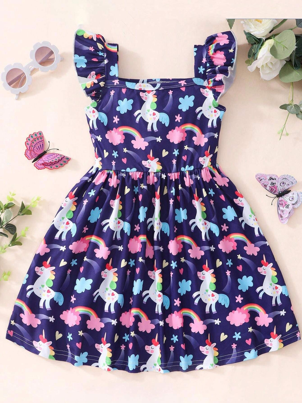 Sleeveless Square Neck Unicorn Rainbow Print Dress For Toddler Girls