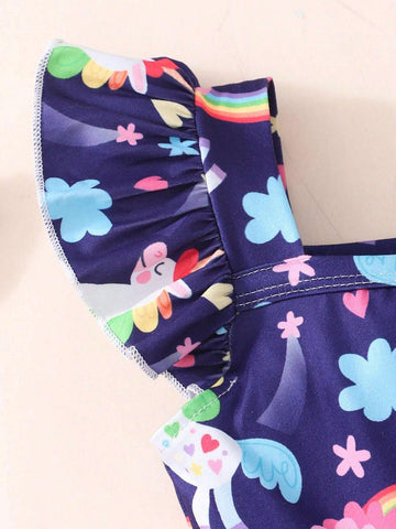 Sleeveless Square Neck Unicorn Rainbow Print Dress For Toddler Girls
