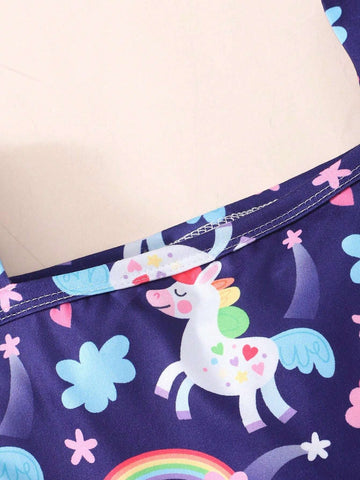 Sleeveless Square Neck Unicorn Rainbow Print Dress For Toddler Girls