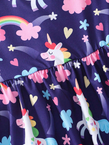Sleeveless Square Neck Unicorn Rainbow Print Dress For Toddler Girls