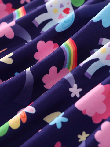 Sleeveless Square Neck Unicorn Rainbow Print Dress For Toddler Girls
