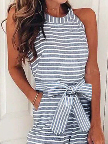Sleeveless Striped Printed Jumpsuit With Neck Strap, Pocket, And Waist Belt For Summer