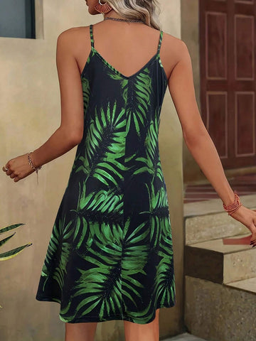 Sleeveless Tropical Plant Print Dress