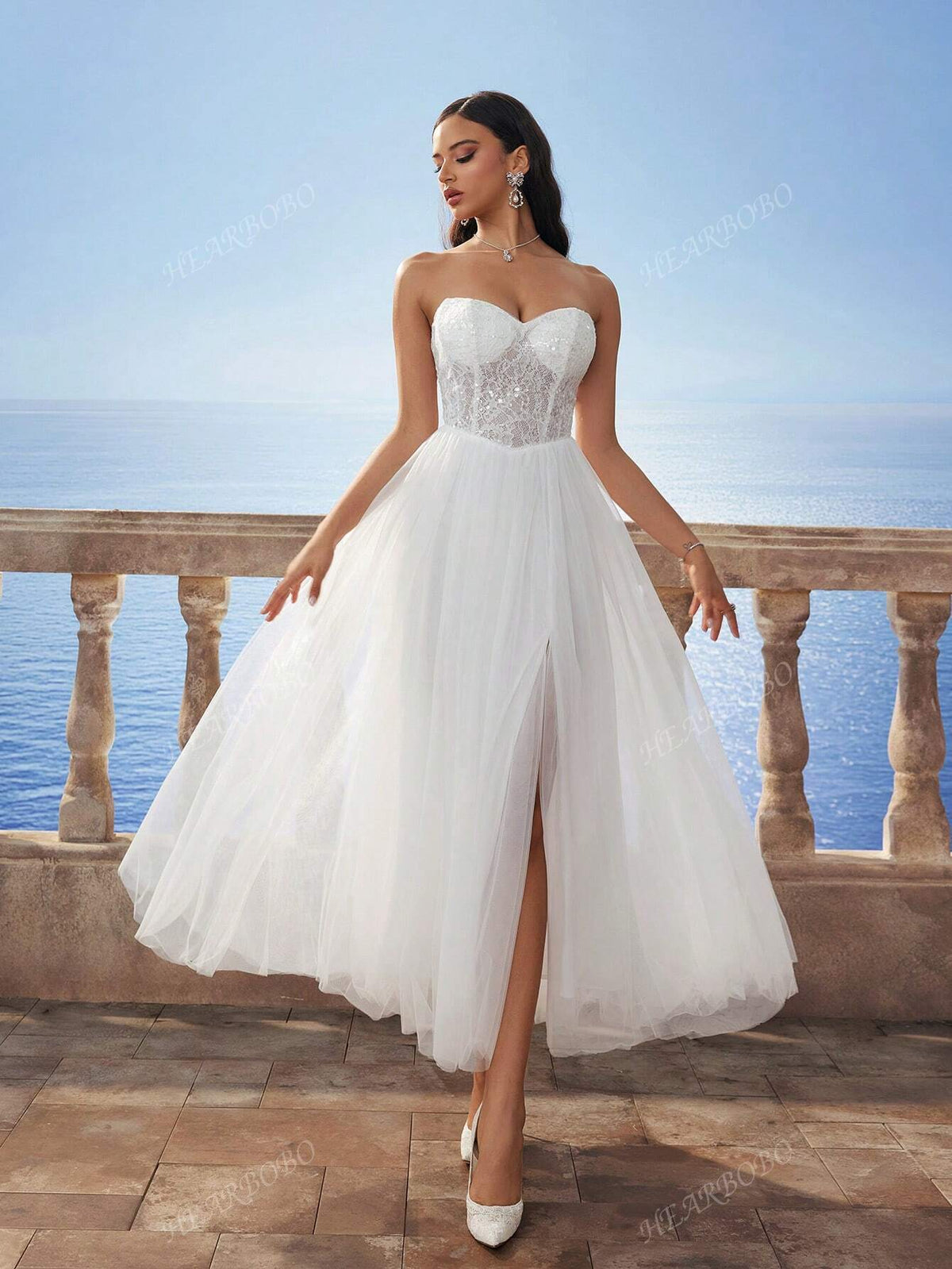 Sleeveless Tube Sequin Lace Sexy Bandeau Mesh Wedding Dress, White Bridal Gown For Wedding Gifts