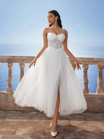 Sleeveless Tube Sequin Lace Sexy Bandeau Mesh Wedding Dress, White Bridal Gown For Wedding Gifts