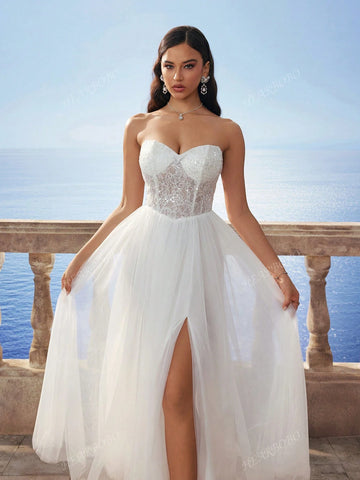 Sleeveless Tube Sequin Lace Sexy Bandeau Mesh Wedding Dress, White Bridal Gown For Wedding Gifts