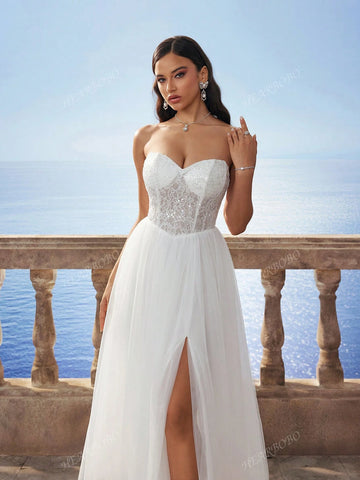 Sleeveless Tube Sequin Lace Sexy Bandeau Mesh Wedding Dress, White Bridal Gown For Wedding Gifts