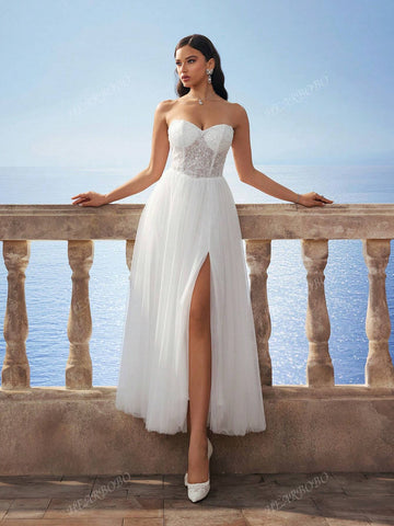 Sleeveless Tube Sequin Lace Sexy Bandeau Mesh Wedding Dress, White Bridal Gown For Wedding Gifts