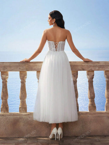 Sleeveless Tube Sequin Lace Sexy Bandeau Mesh Wedding Dress, White Bridal Gown For Wedding Gifts