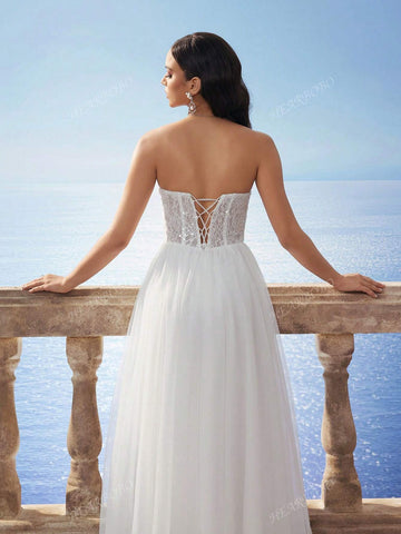 Sleeveless Tube Sequin Lace Sexy Bandeau Mesh Wedding Dress, White Bridal Gown For Wedding Gifts