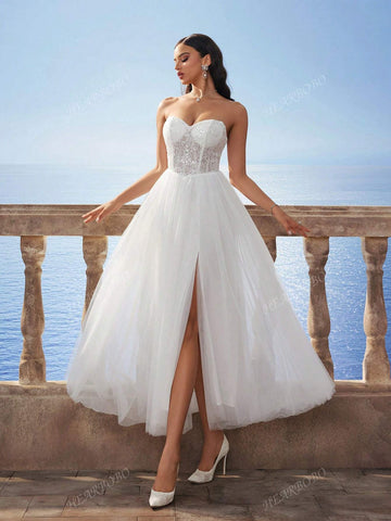 Sleeveless Tube Sequin Lace Sexy Bandeau Mesh Wedding Dress, White Bridal Gown For Wedding Gifts