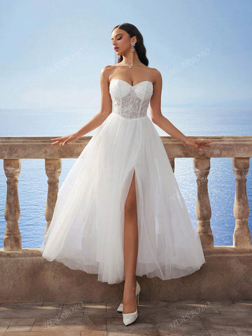 Sleeveless Tube Sequin Lace Sexy Bandeau Mesh Wedding Dress, White Bridal Gown For Wedding Gifts